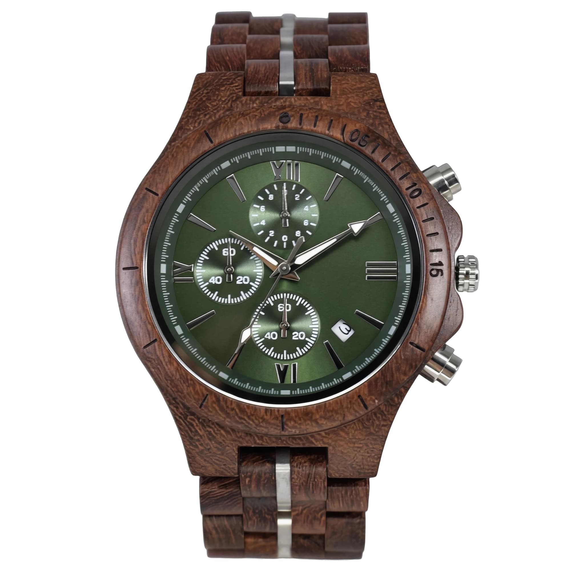 Large Dial Steel Mixed Wood Watch with Multifunction European Style Business Round Folding Clasp for Men Wristwatch