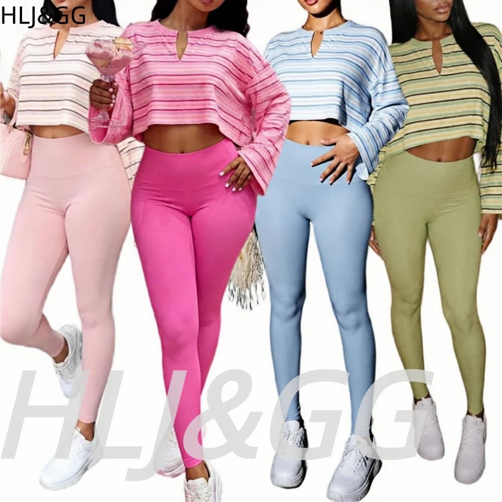 HLJ&GG Fashion Stripes Printing V Neck Long Sleeve Top Two Piece Sets Women Tshirts Skinny Pants Outfit Streetwear With Headband