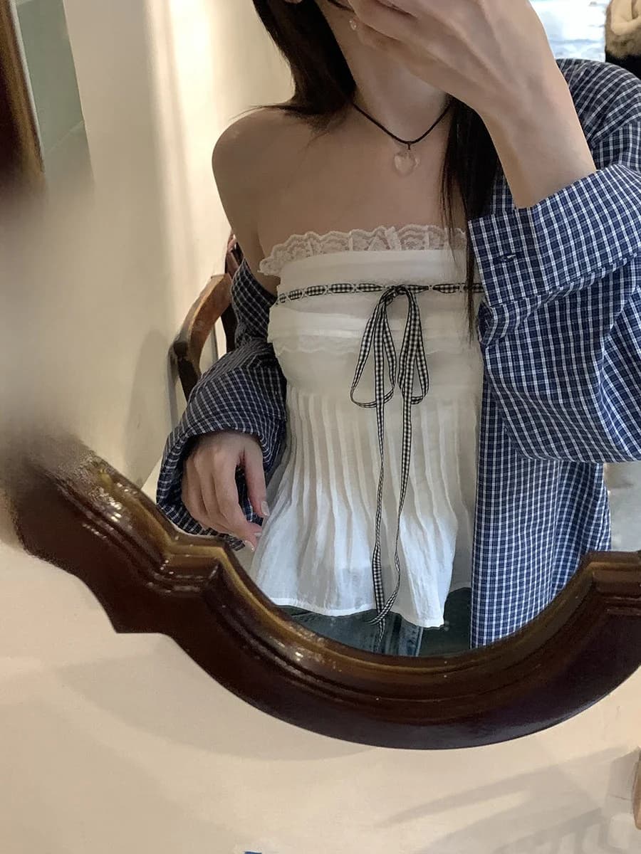 Light Mature Style Lace Trim Belted Shoulder Bared Vest Top Short Length Knot Design Color Commute Fashion