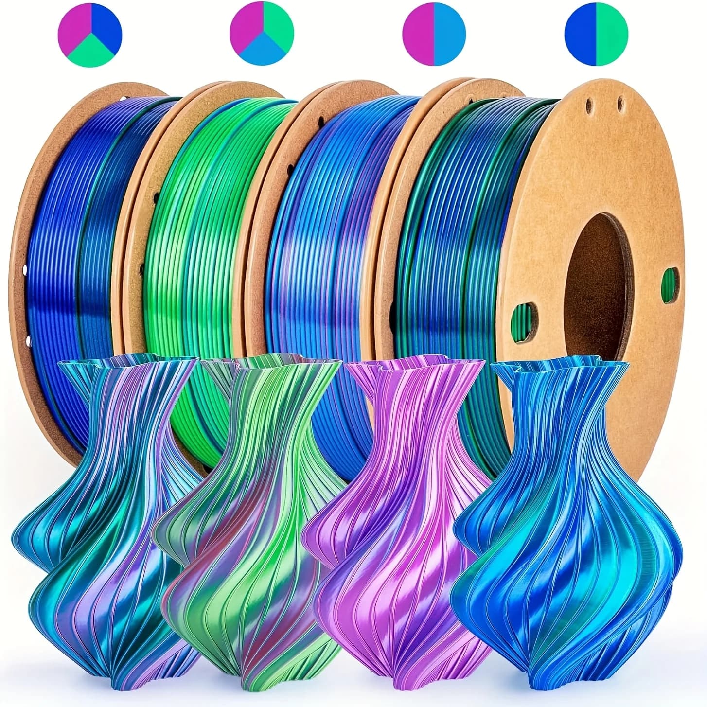 3D printer filament package, silk PLA 1.75 mm, 1 kg total (4x250 g), dimensional accuracy +/- 0.03 mm