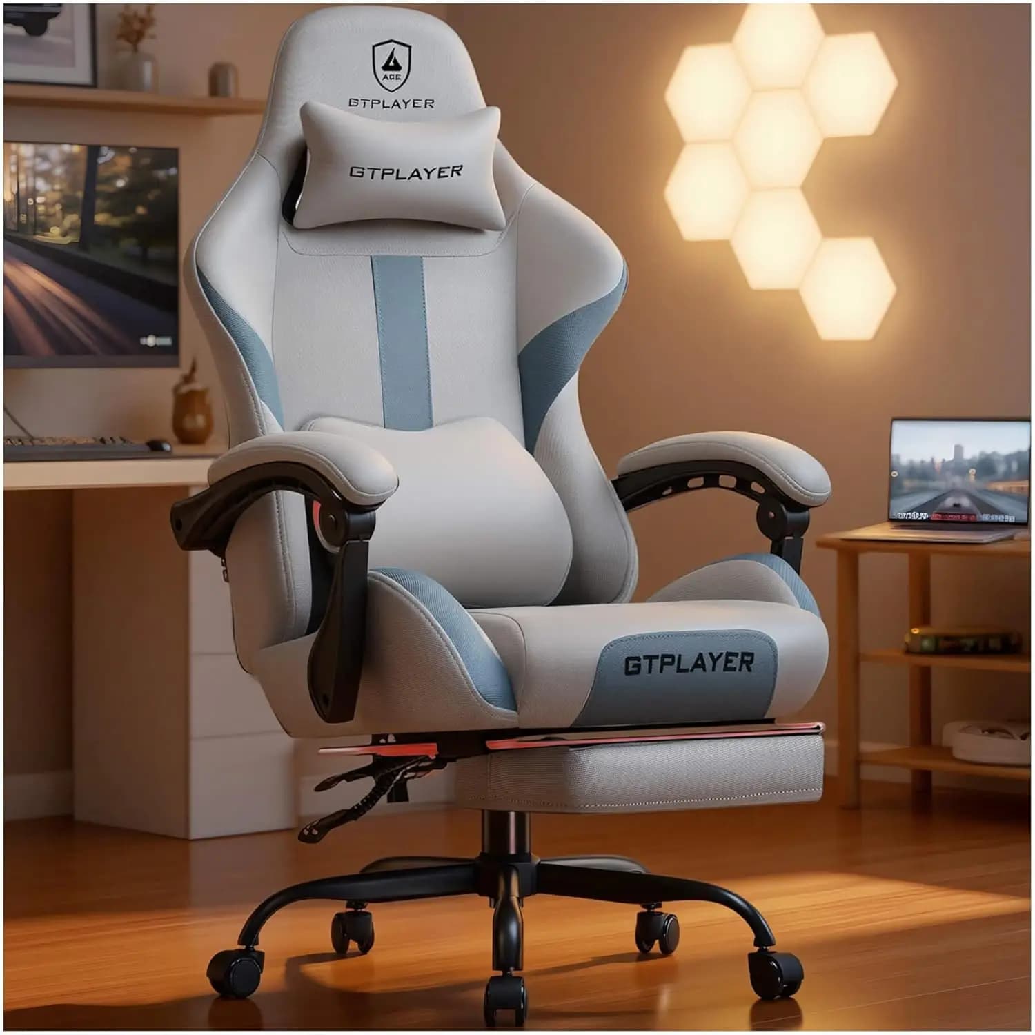 Ergonomic Gaming Chair with Footrest & Pocket Springs, Breathable Fabric, Mist-Blue, 350lbs Capacity