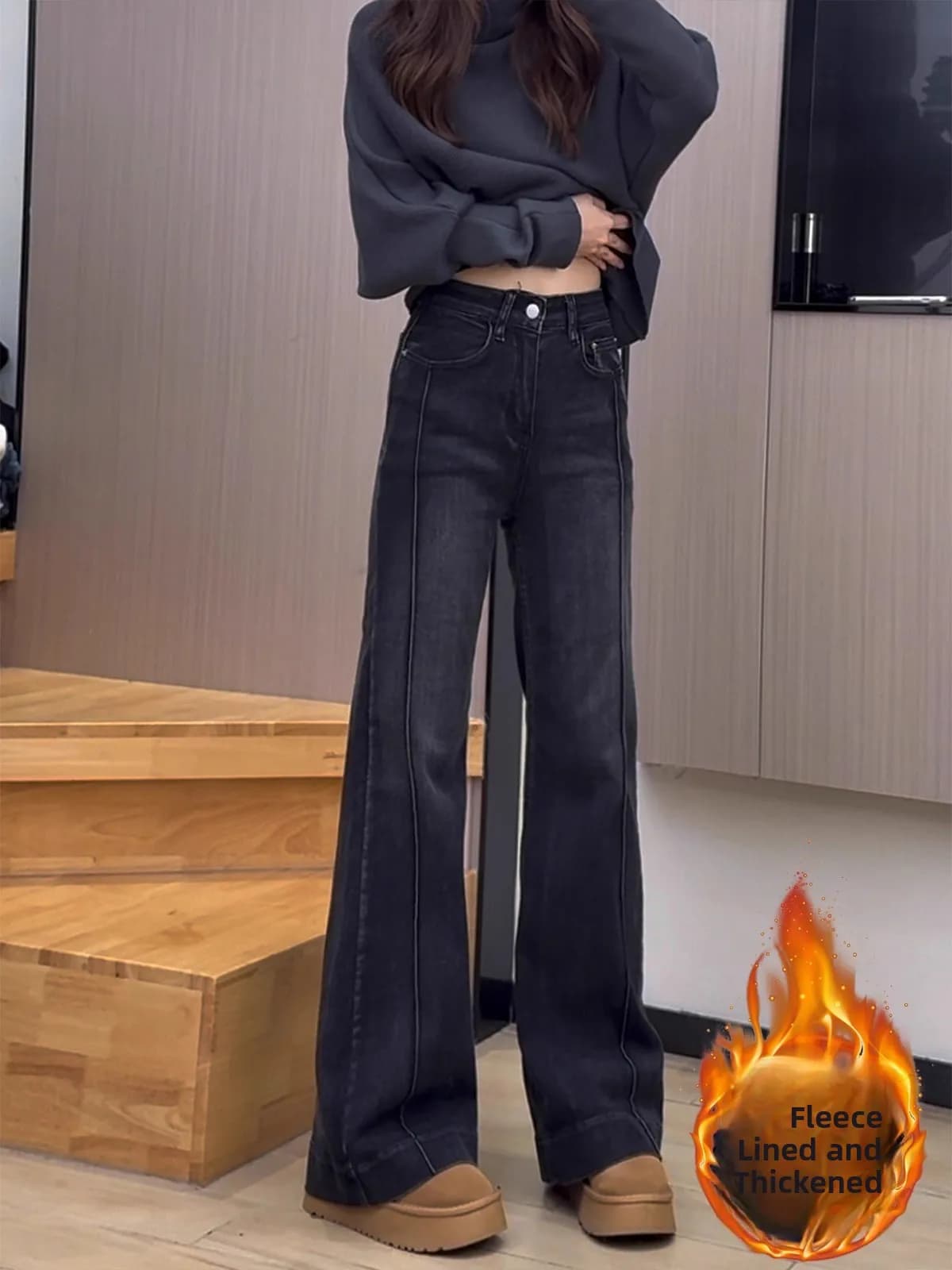 Jeans svasati a vita alta Pantaloni bootcut foderati in fce da donna Gamba dritta Casual Sle Inverno Nuovi leggings non abbinati di piccole dimensioni
