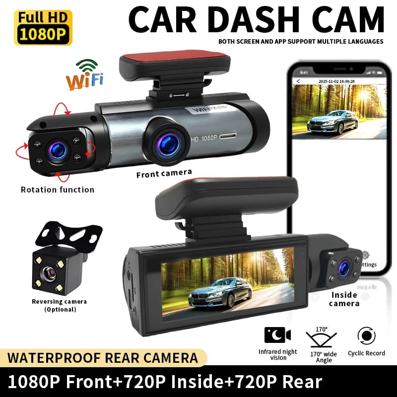 HD 1080P Dual Dash Cam for Cars WiFi APP Control Front Inside Camera IR Night Vision Wide Angle Loop Recording Car DVR