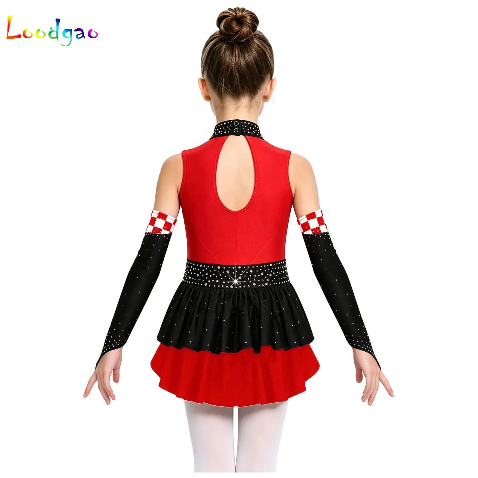 Body da ballo per bambine con strass scintillanti e motivo scozzese, costume da gara, body da danza con strass lucidi per cosplay a tema