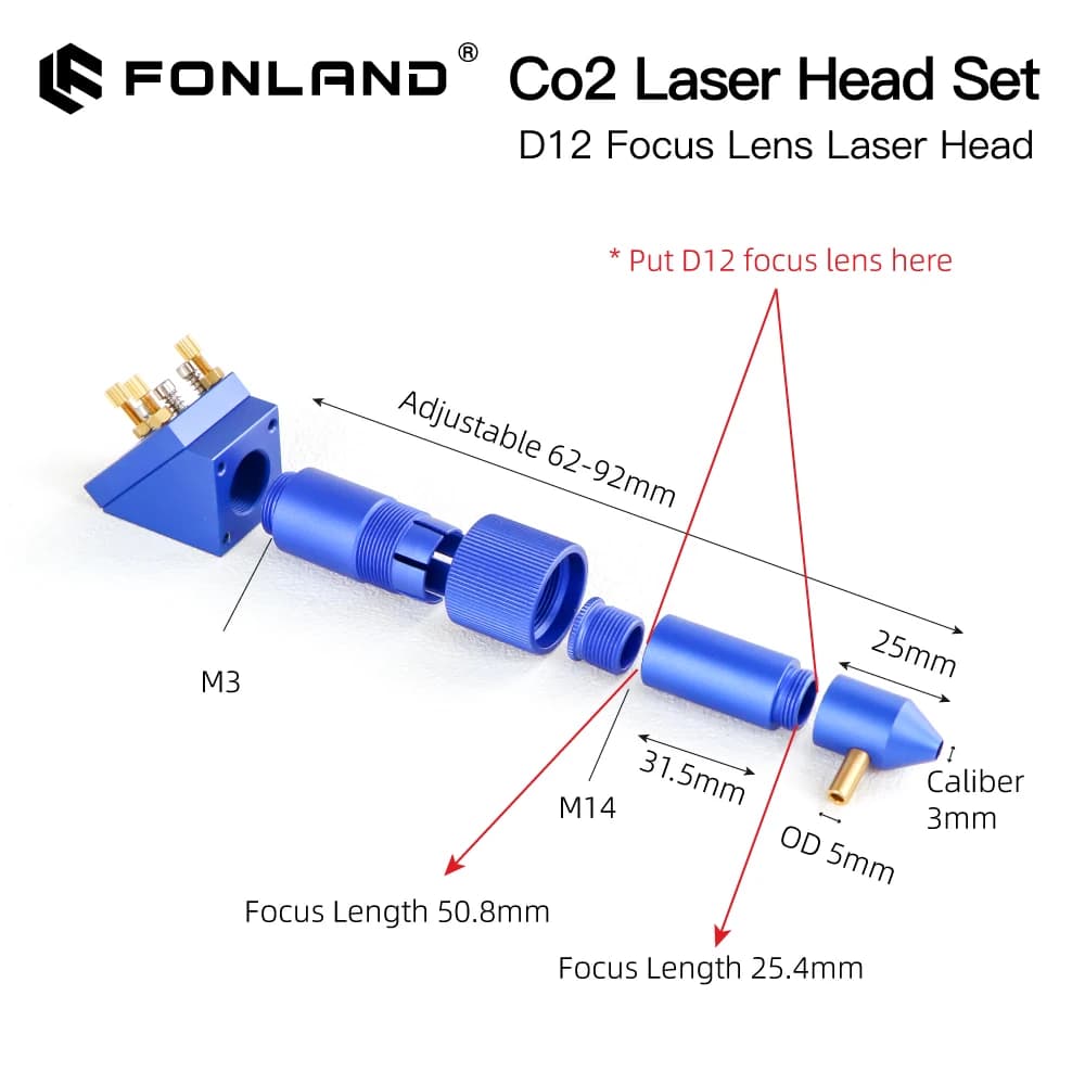 Fonland Serie K Set di testine laser CO2 Nuovo stile D12 20mm FL25.4 Obiettivo da 50,8mm per macchina da taglio per incisione laser 2030 4060 K40