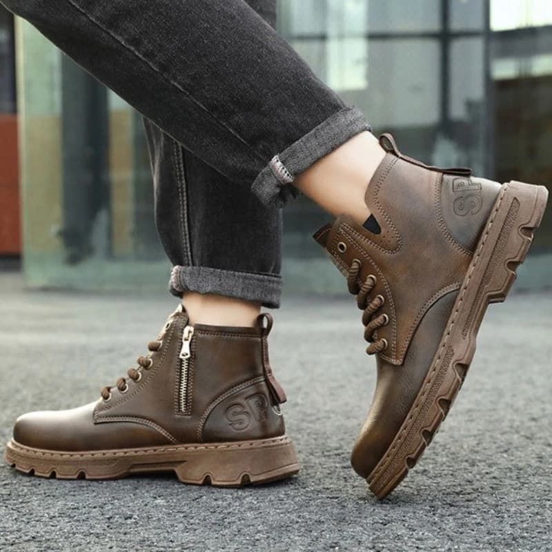 ​Men’s 2025 Winter New Arrival Zipper High Top Leather Boots Vintage Retro British Trendy Work Boots Lace Up Casual All Match​
