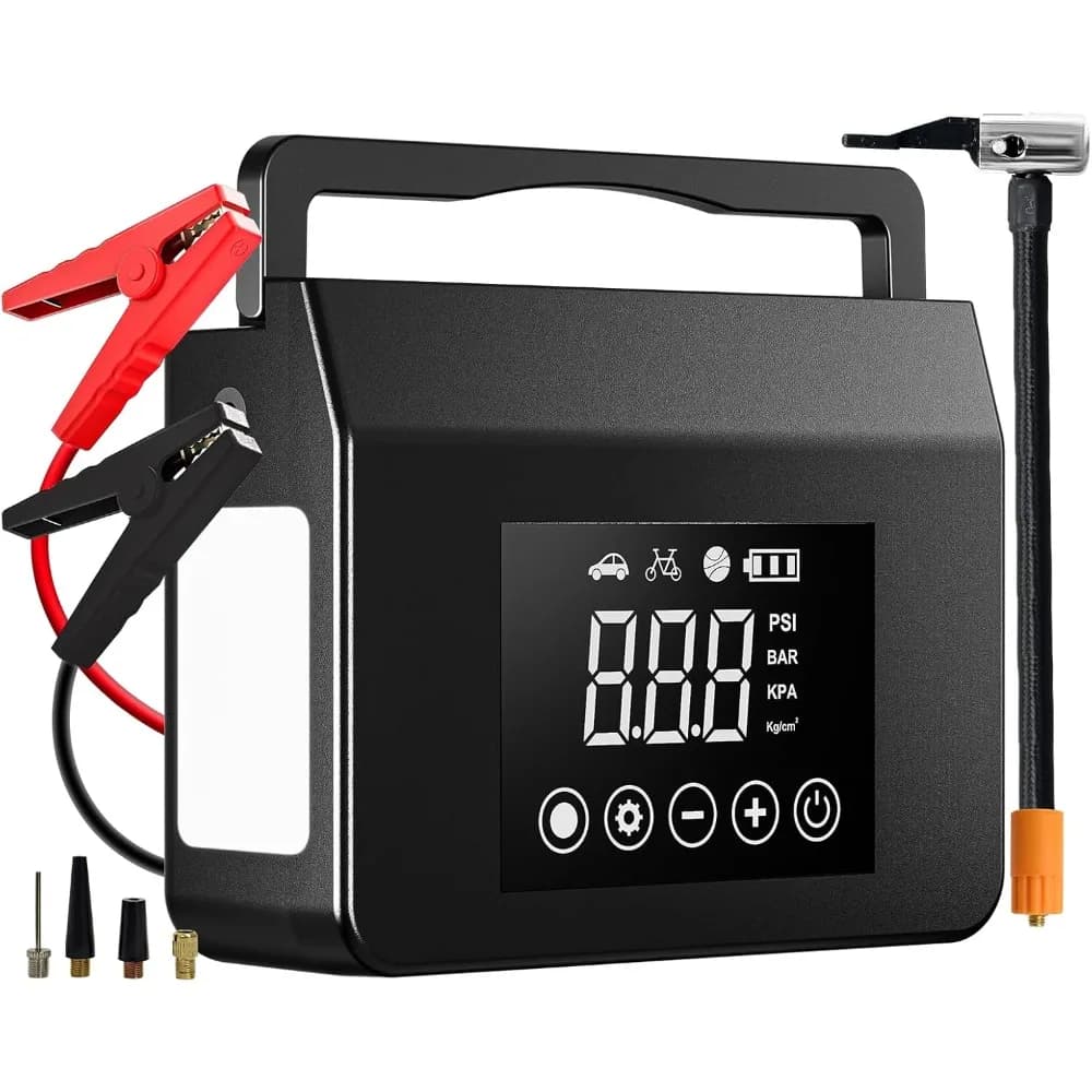 Avviatore di Emergenza Portatile con Compressore d'Aria 150PSI, Caricabatterie per Auto 12V, Power Bank 15000mAh per Gonfiaggio Pneumatici Auto e Camion, 4000A