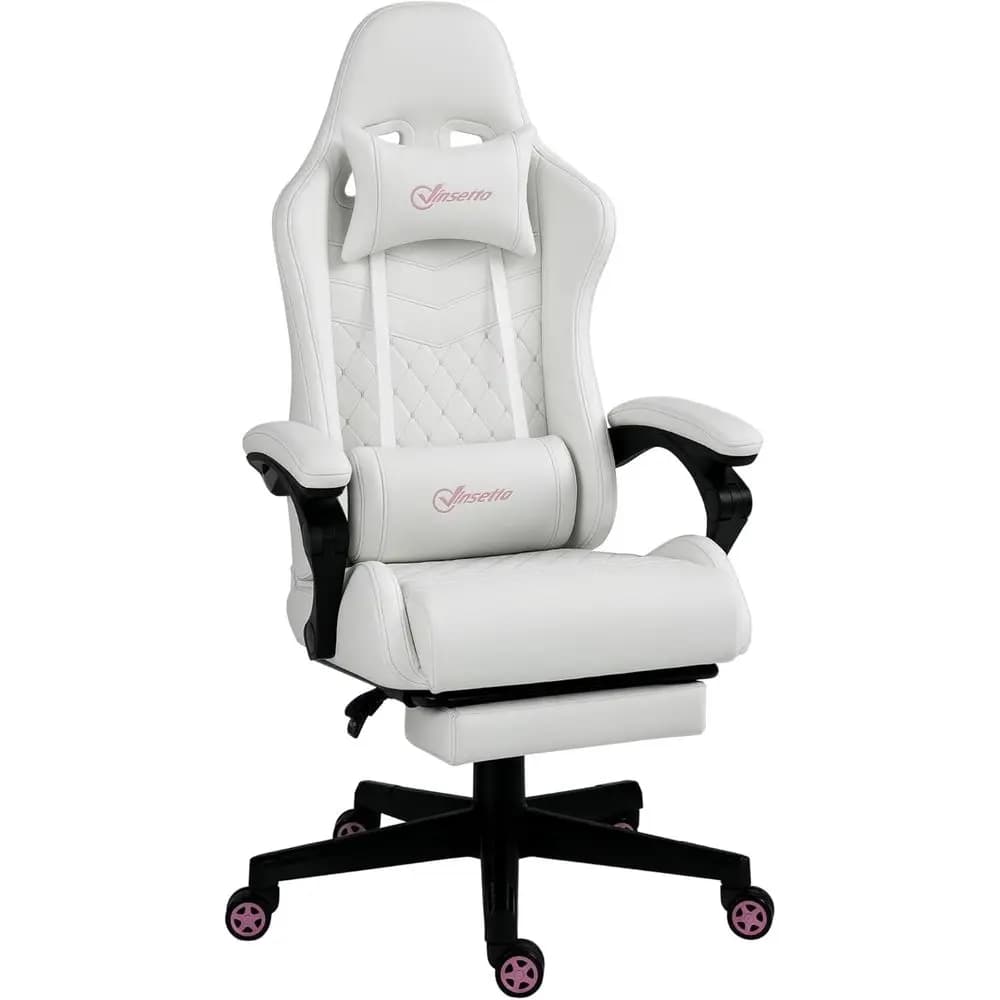 Sedia da Gaming in Pelle PU Bianca e Rosa con Schienale Alto, Girevole, Poggiapiedi Reclinabile, Supporto Lombare e per Braccia