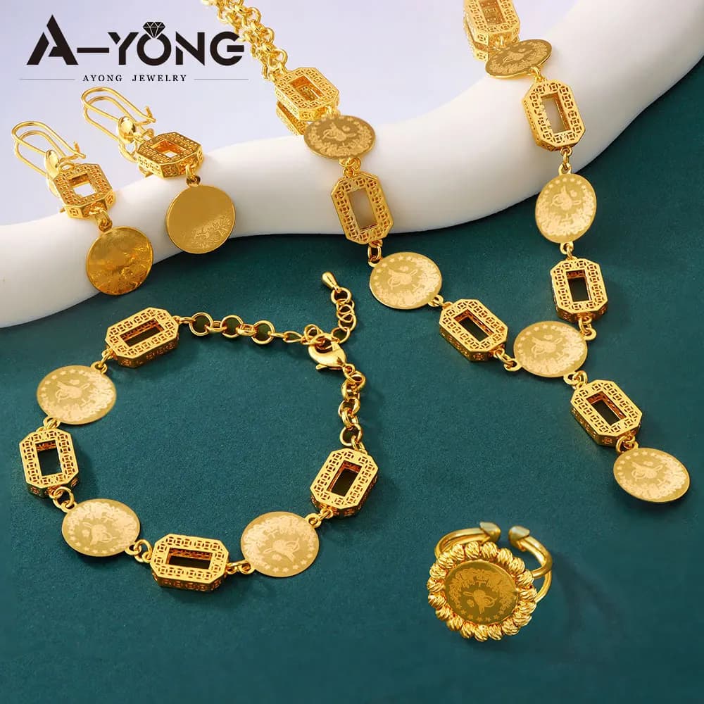 Set di gioielli con monete vintage turche placcate in oro 21k arabo musulmano collana da sposa braccialetto orecchino anello gioielli marocchini