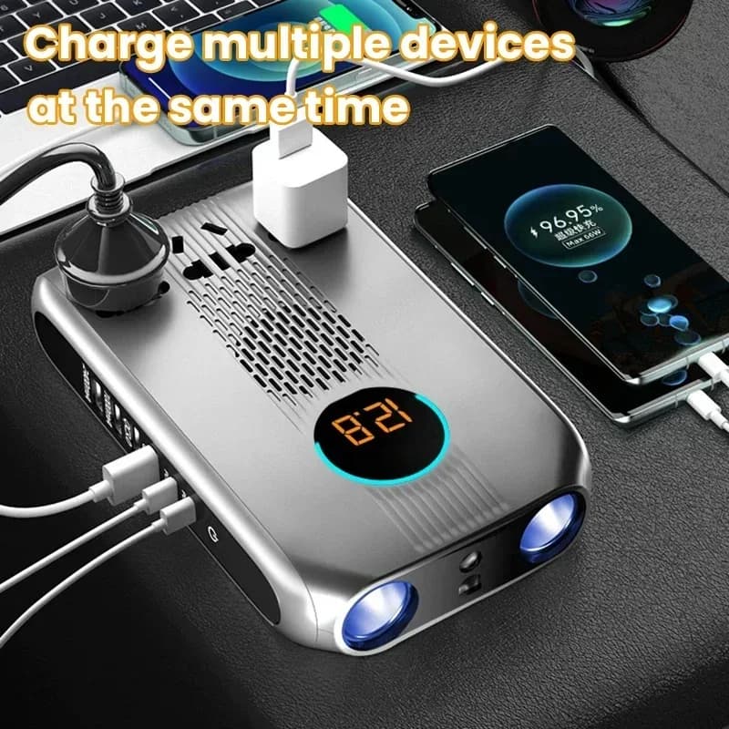 Inverter Auto Tutto in Uno 12V/24V a 220V, Adattatore Accendisigari, Caricatore USB Multi-Porta a Ricarica Rapida per Telefono, PD3.0 QC4