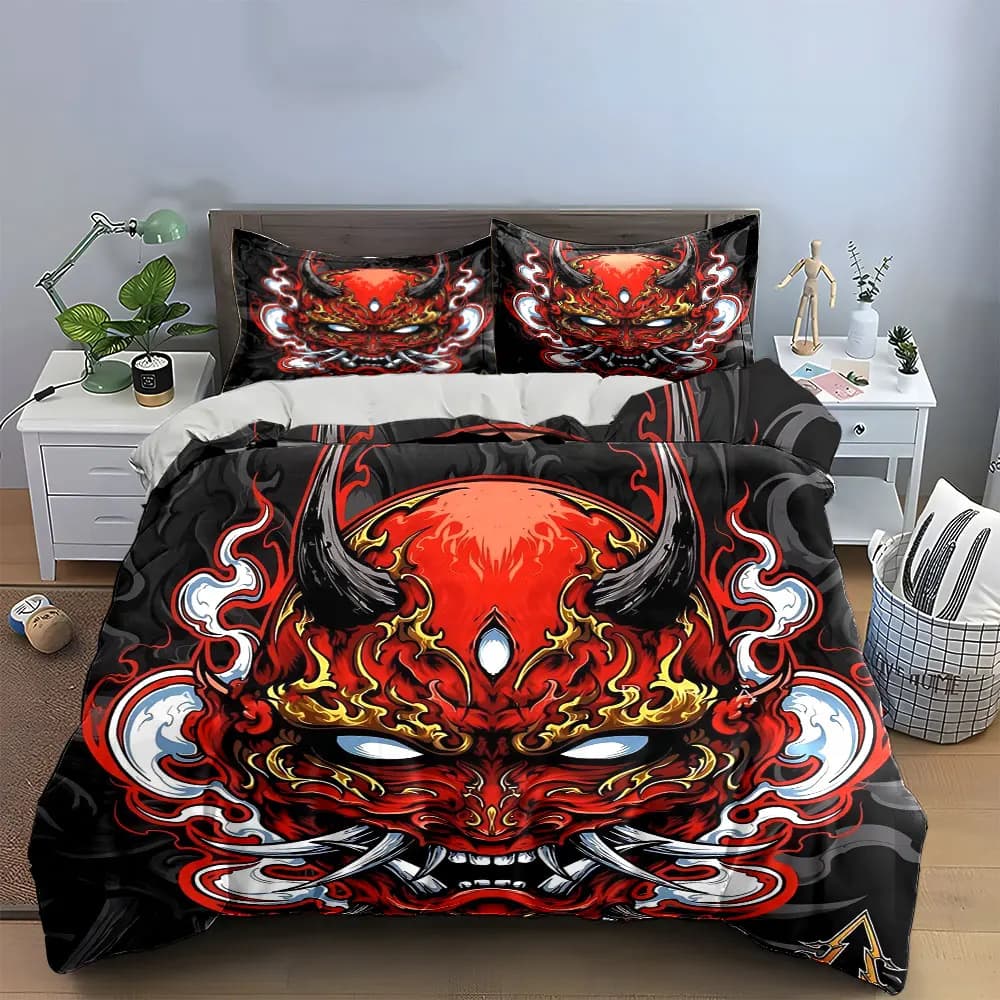 Set di biancheria da letto con decorazioni artistiche giapponesi a tema demoni, con 1 copripiumino e 2 federe, disponibile nelle misure singolo, matrimoniale, king e queen, idea regalo