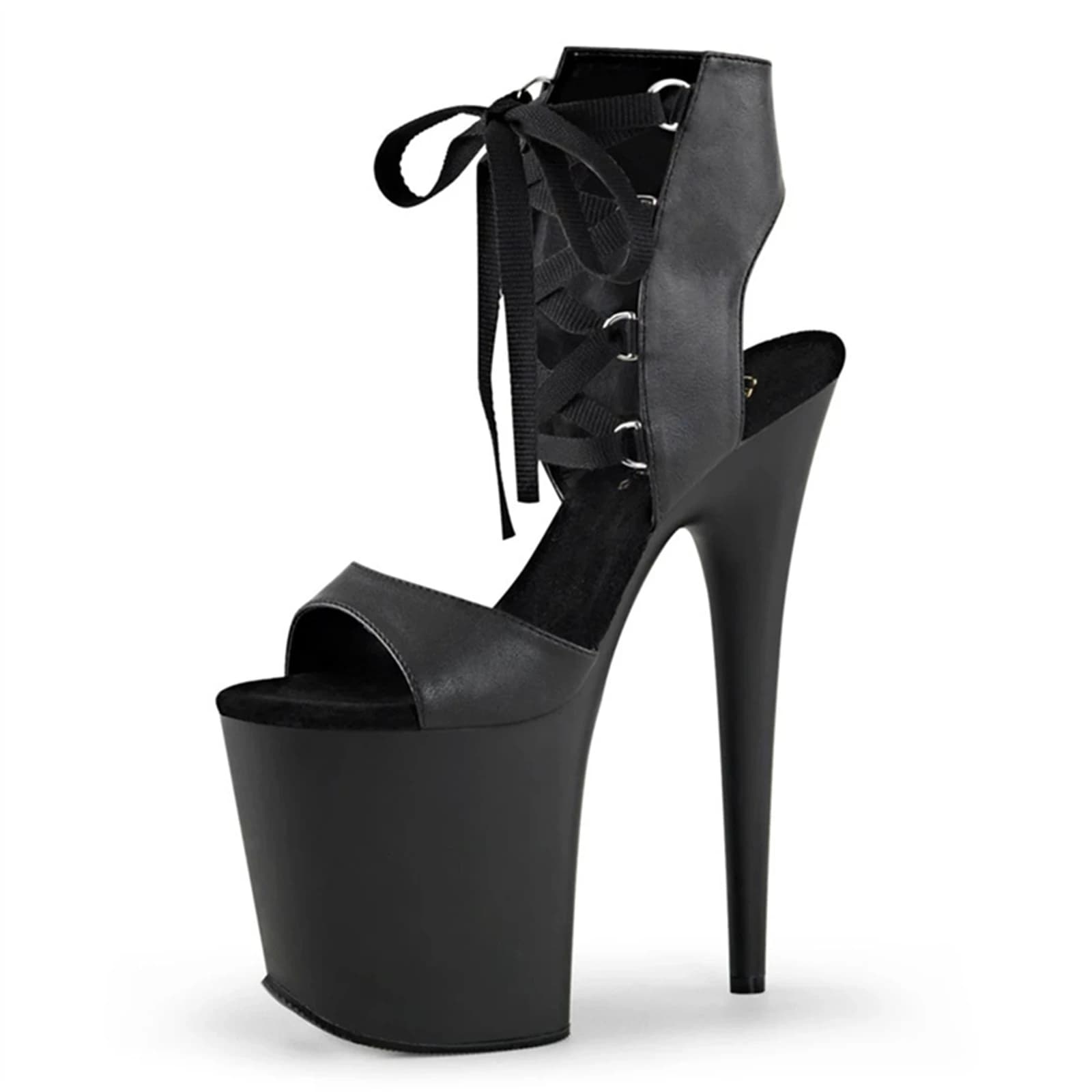 ​ Sandali con plateau rotondi da 20 cm neri, tacchi aperti con cinturini incrociati con lacci, scarpe fetish di altezza estrema ​