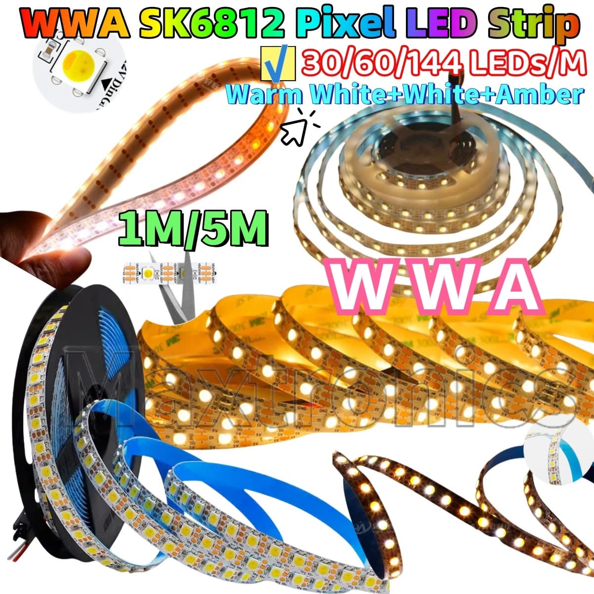 NUOVO 1M/5M WWA SK6812 Pixel LED Strip Bianco caldo + Bianco + Ambra DC5V 30/60/144 LED/M Programmabile Indirizzabile Individuale Luce di Nastro