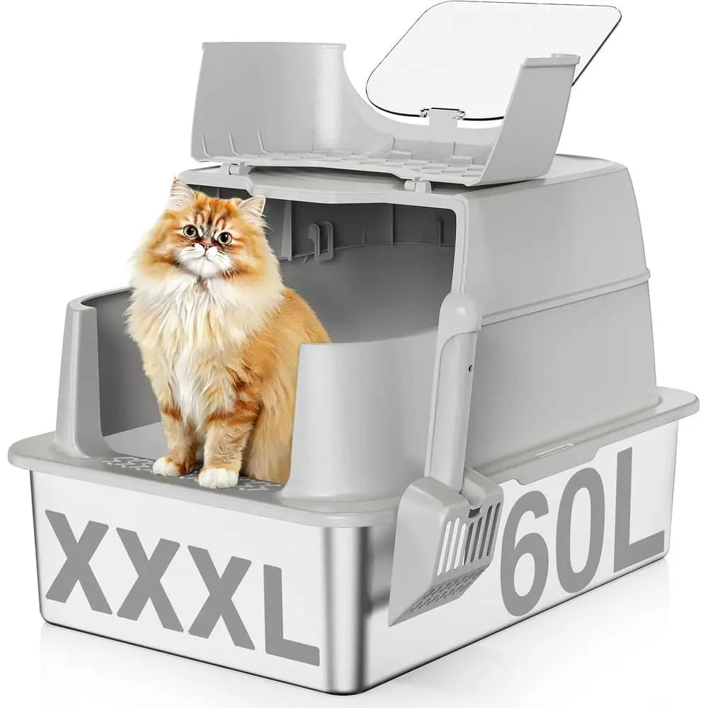 Lettiera per Gatti in Acciaio Inossidabile con Coperchio, 180 ° Lettiera per gatti Lip-Top XXXL extra large chiusa, 66 cm (L) x 46 cm (L) x 43 cm (A) in metallo