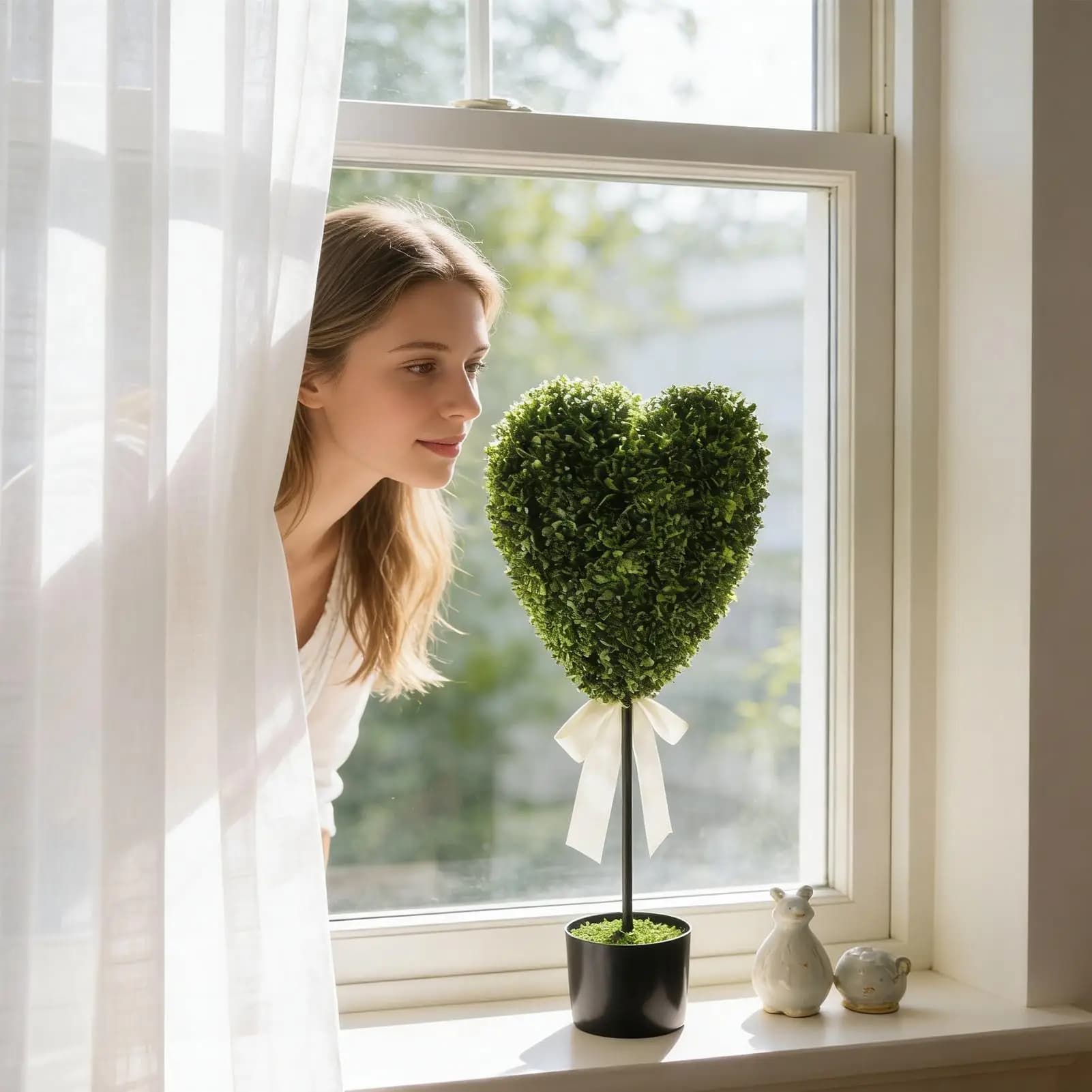 Artificial Indoor Plants with Heart Shape Vase, Green Decoration for Valentine's Day, Living and Home