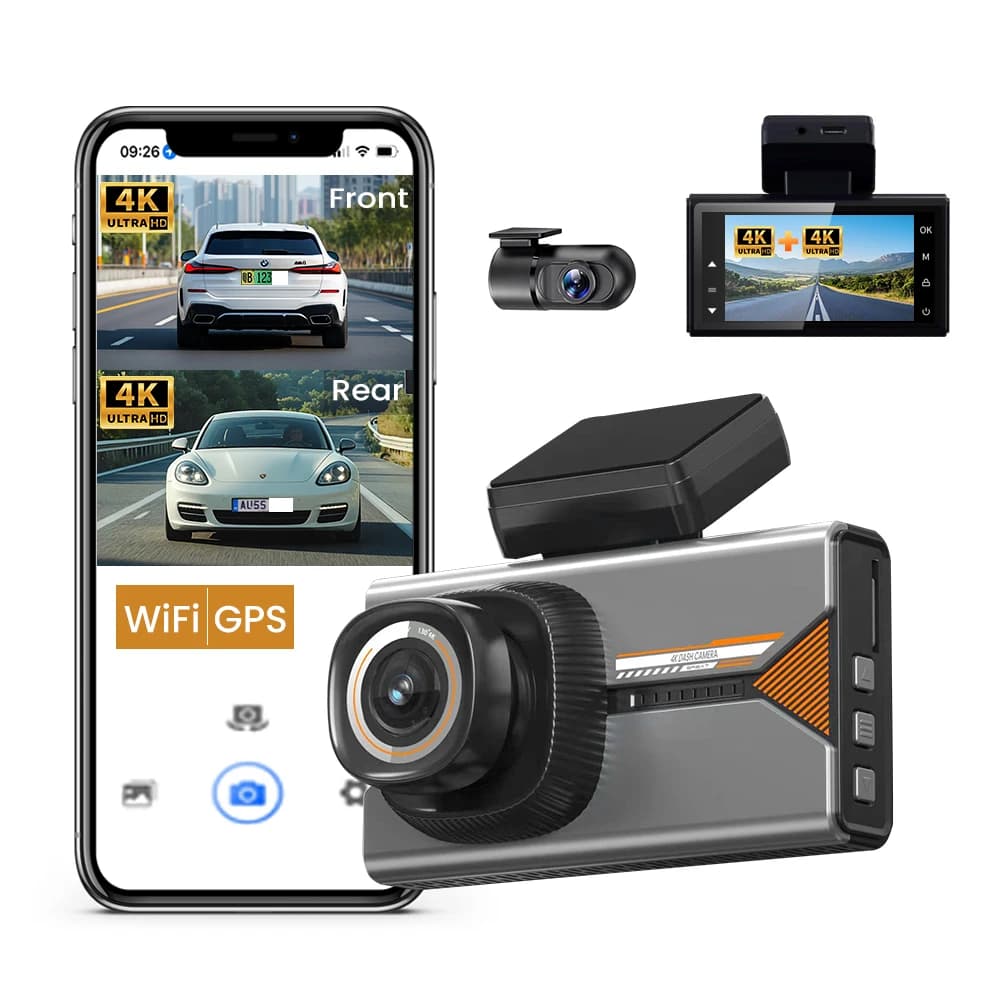 Dash Cam 4K+4K da 3 Pollici con Doppia Lente, Telecamera DVR Ultra HD per Auto, WIFI, GPS, APP, Visione Notturna, WDR, Registratore Video, Monitoraggio Parcheggio 24H