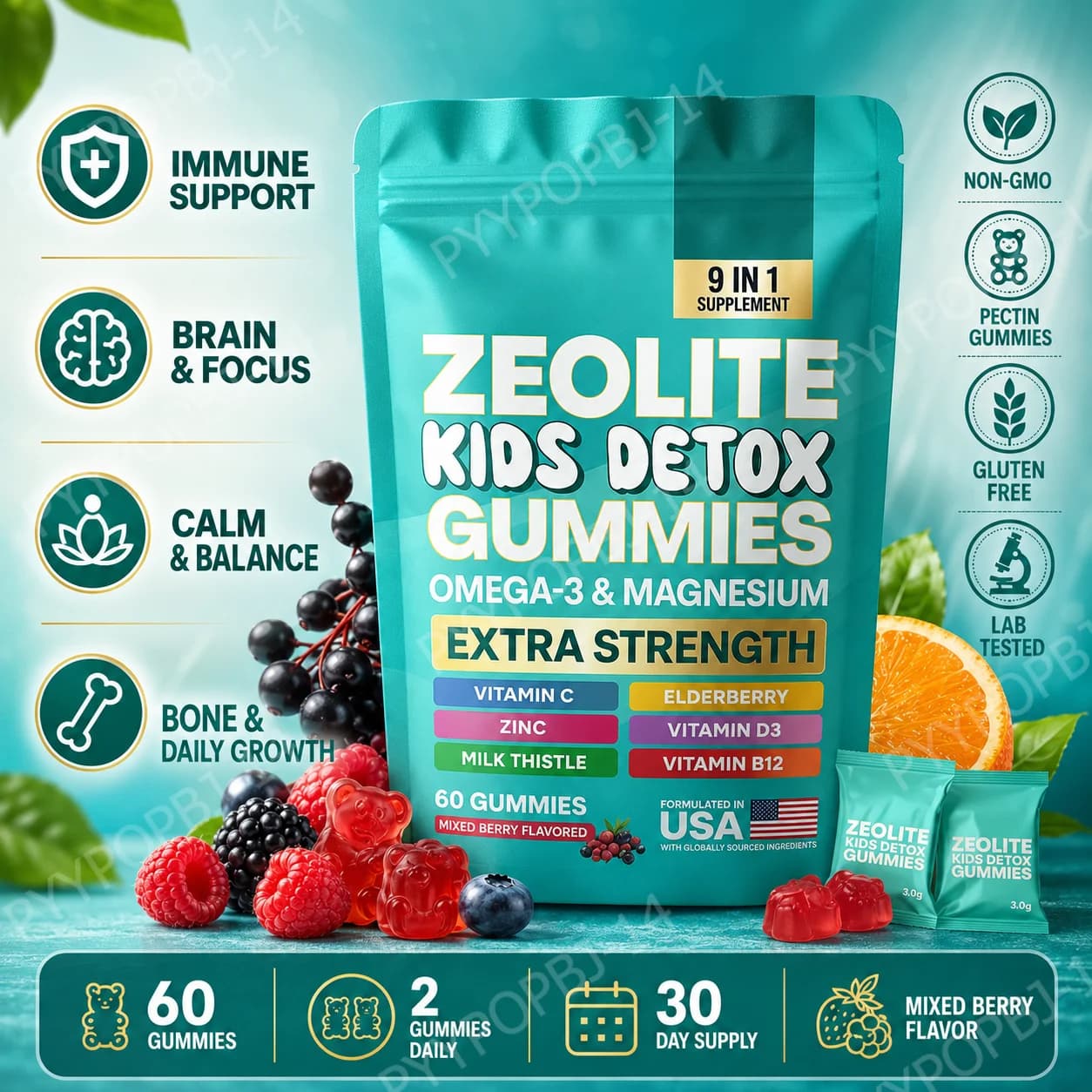Kids Wellness Gummies with Omega-3 Magnesium Vitamin C Daily Nutritional Support Mixed Berry Flavor 60 Gummies