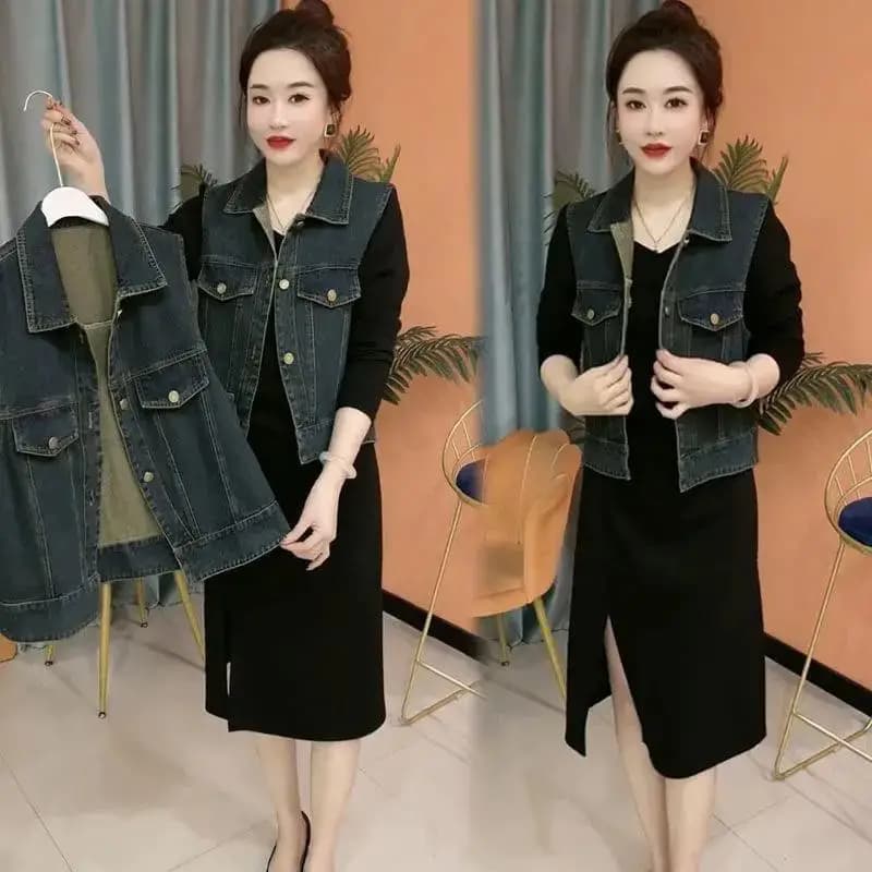 Fashionable Retro Denim Vest Women's Spring Autumn Loose Stylish Age-Defying Mommy Style Jacket Button Detail Cotton Lined