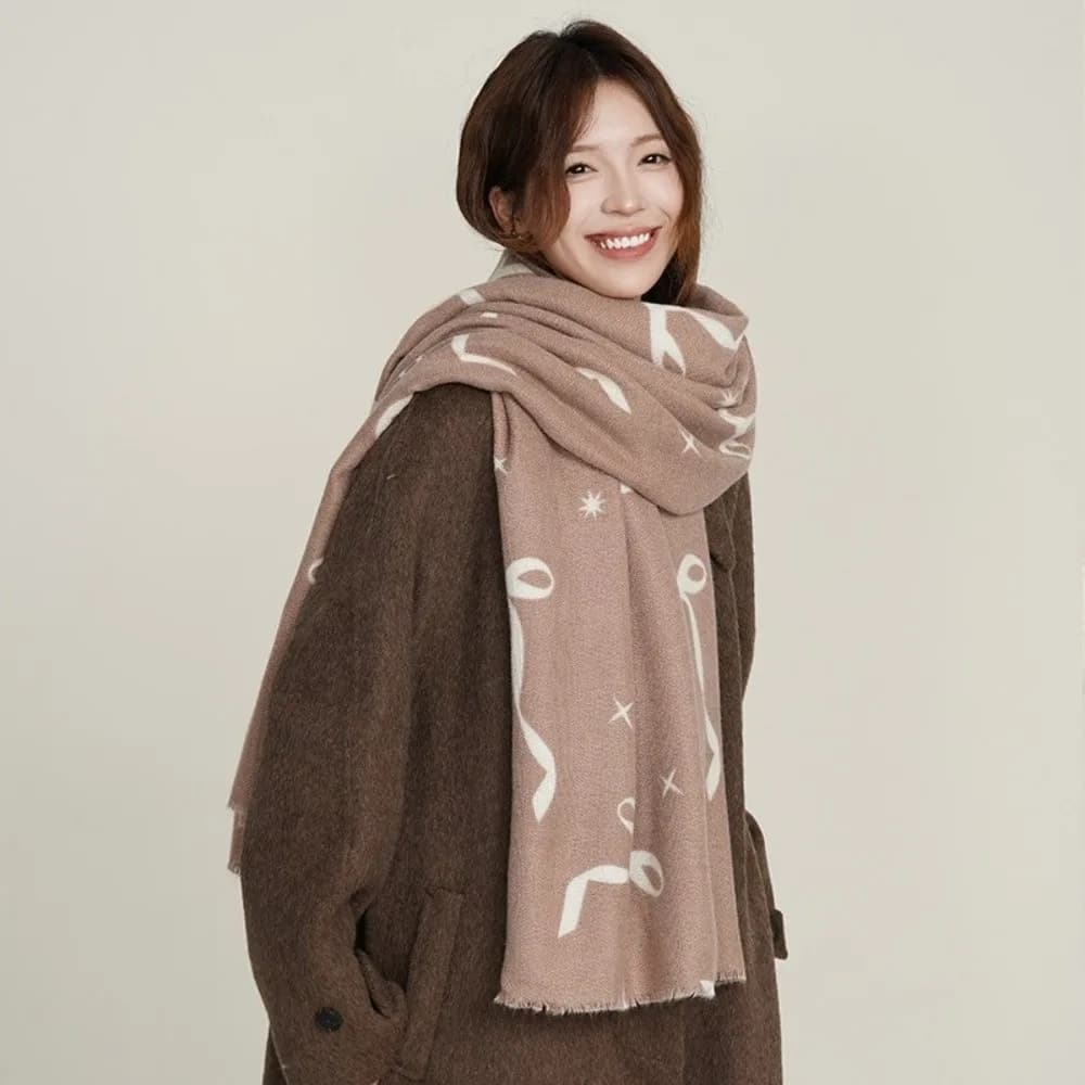 Temperament Printed Bow Wool Scarf Coldproof Thicken Winter Cashmere Scarves Long Warm Women Cashmere Shawl Office