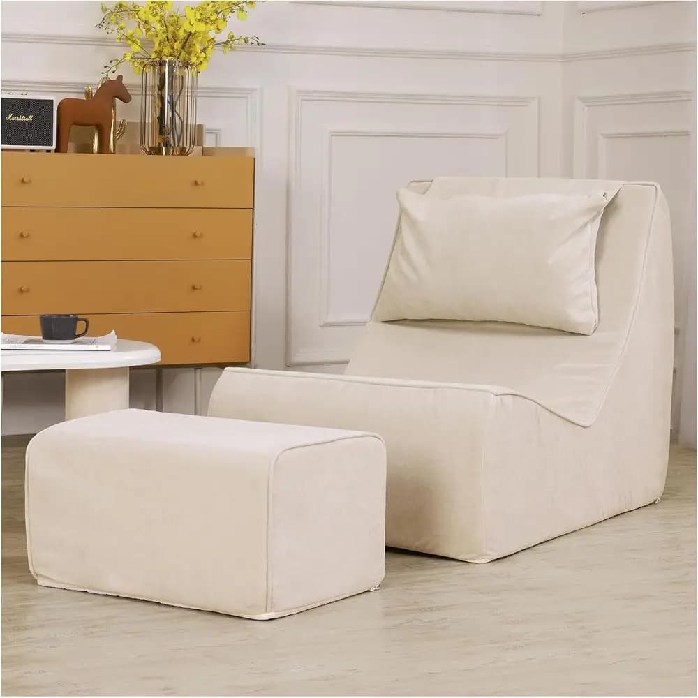 Chaise longue color kaki per adulti con cuscino e poggiapiedi: poltrona a sacco tutto in uno, comoda per leggere, giocare, riposare e guardare la TV