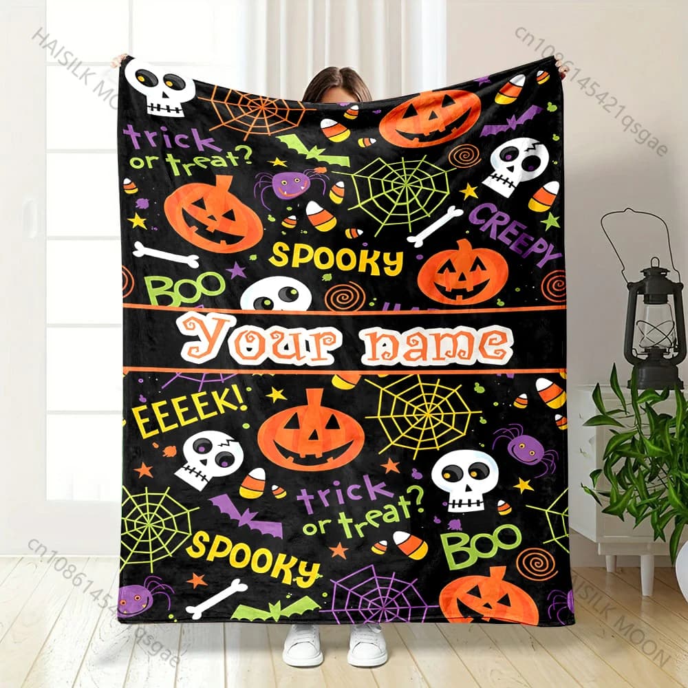 Coperta con nome personalizzato Cartoon Halloween Elementi Stampa soffice morbida flanella per divano di casa Viaggio RV Regali di festa Multi formato