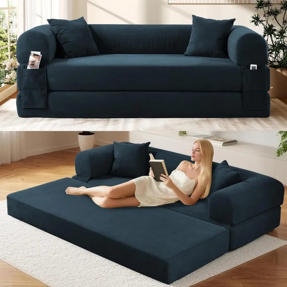 Divano letto futon, divano letto pieghevole 80 con cuscini e tasca portaoggetti, divano letto queen size oversize in scatola, Corduroy Bonele