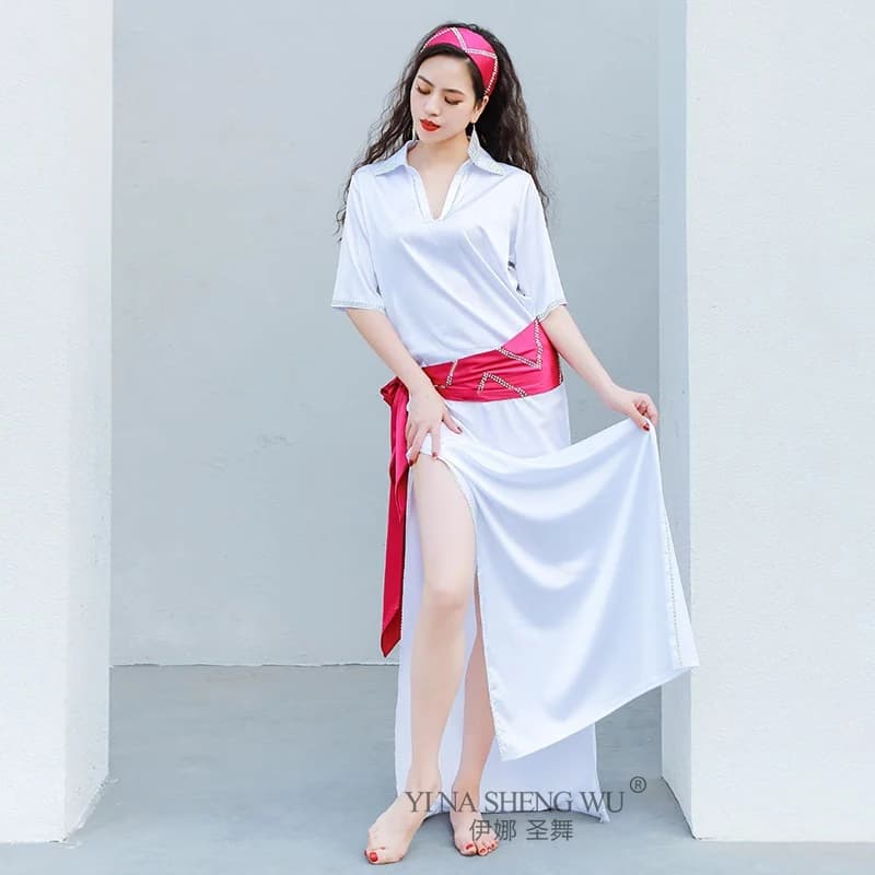 Nuovo Economici Egitto Baladi Shabby Saidi Robe Allentato Donne Danza Del Ventre Danza Orientale Pratica Wite Costume 4 Pezzi Set Con Cintura