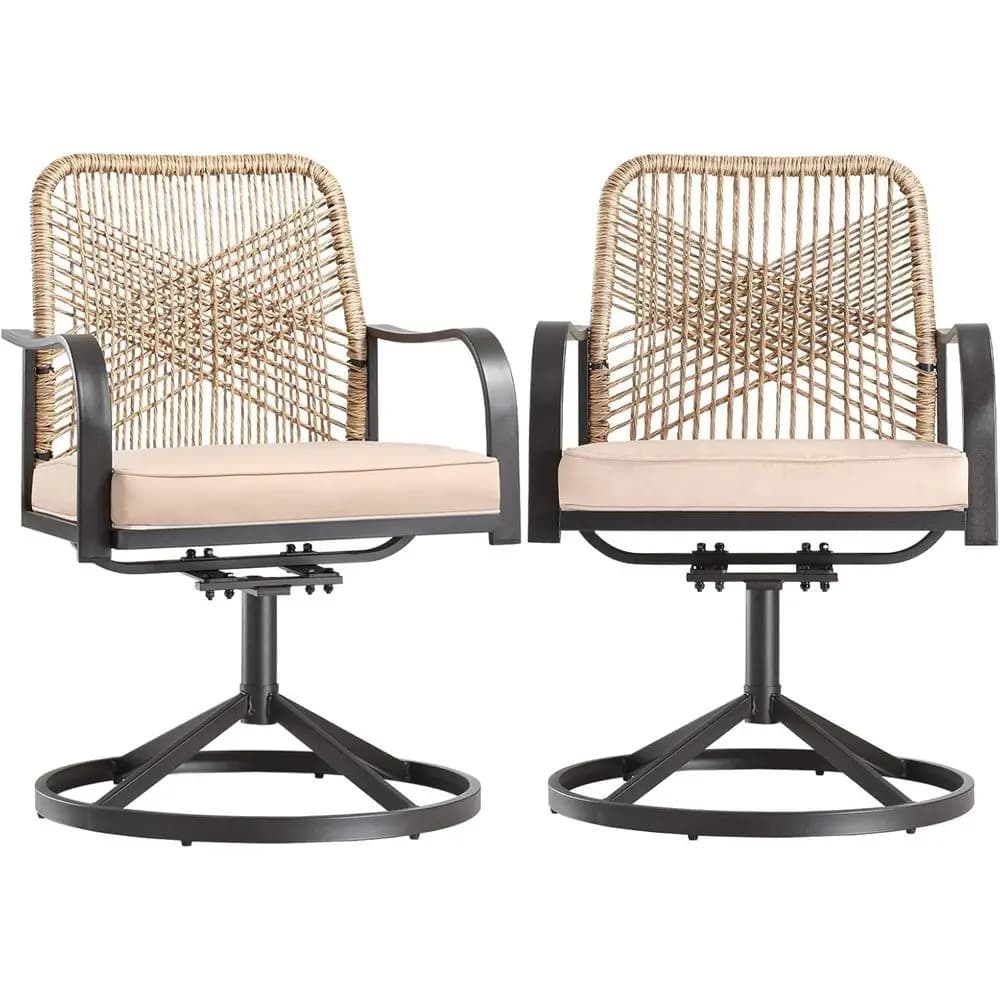 2-Piece Rattan Swivel Patio Dining Chairs with Cushions for Outdoor, Poolside, Lawn Use (Brown)