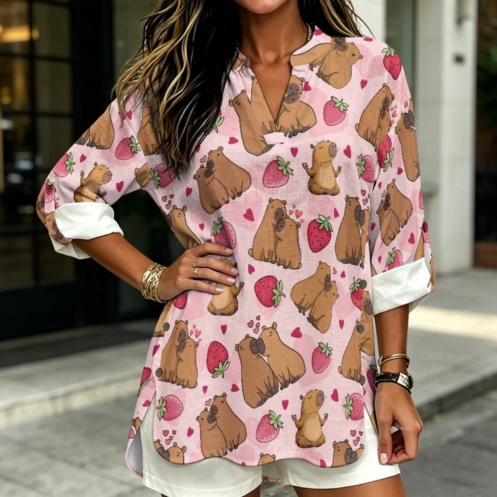 PENSTROLL Capybara Strawberry Heart Casual Fit Women's Top for Spring Linen Like Blouse Sizes S-5XL