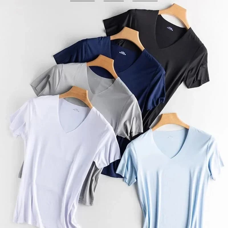 T-shirt da uomo in seta di ghiaccio sottile sensazione di freschezza con scollo a V T-shirt da uomo di grandi dimensioni manica corta T-shirt allentata tinta unita per uomo Top Tees