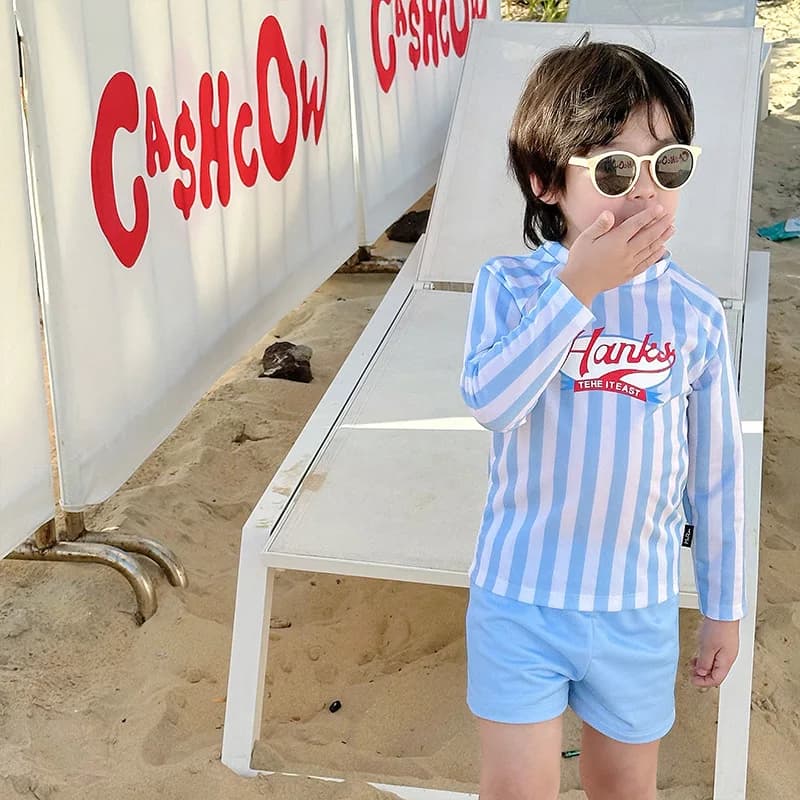 Nuovo Set Costume da Bagno Estivo 2026 per Bambini a Righe, Maniche Lunghe, Protezione Solare, Asciugatura Rapida