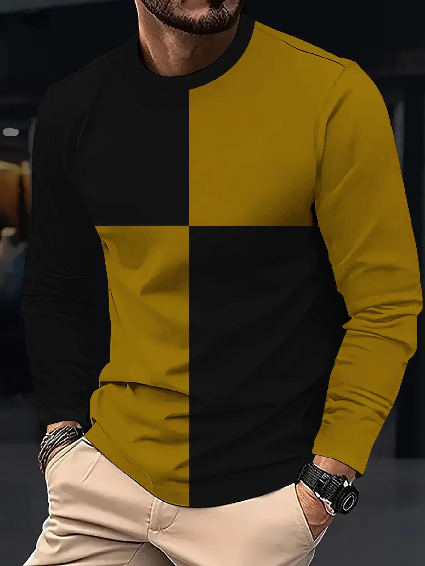 New Men's Color Blocked Top for Foreign Trade, Four Season Men's Long Sleeved Patchwork Round Neck Men's T-shirt
