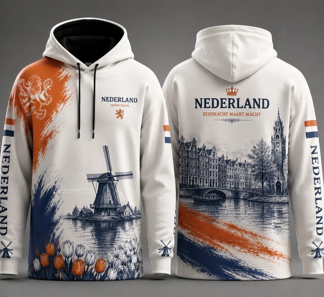 Netherlands 3D Print Hoodie, Windmill Tulip Dutch Canal Graphic Sweatshirt, 100% Polyester Nederland Flag Unisex Casual Pullover