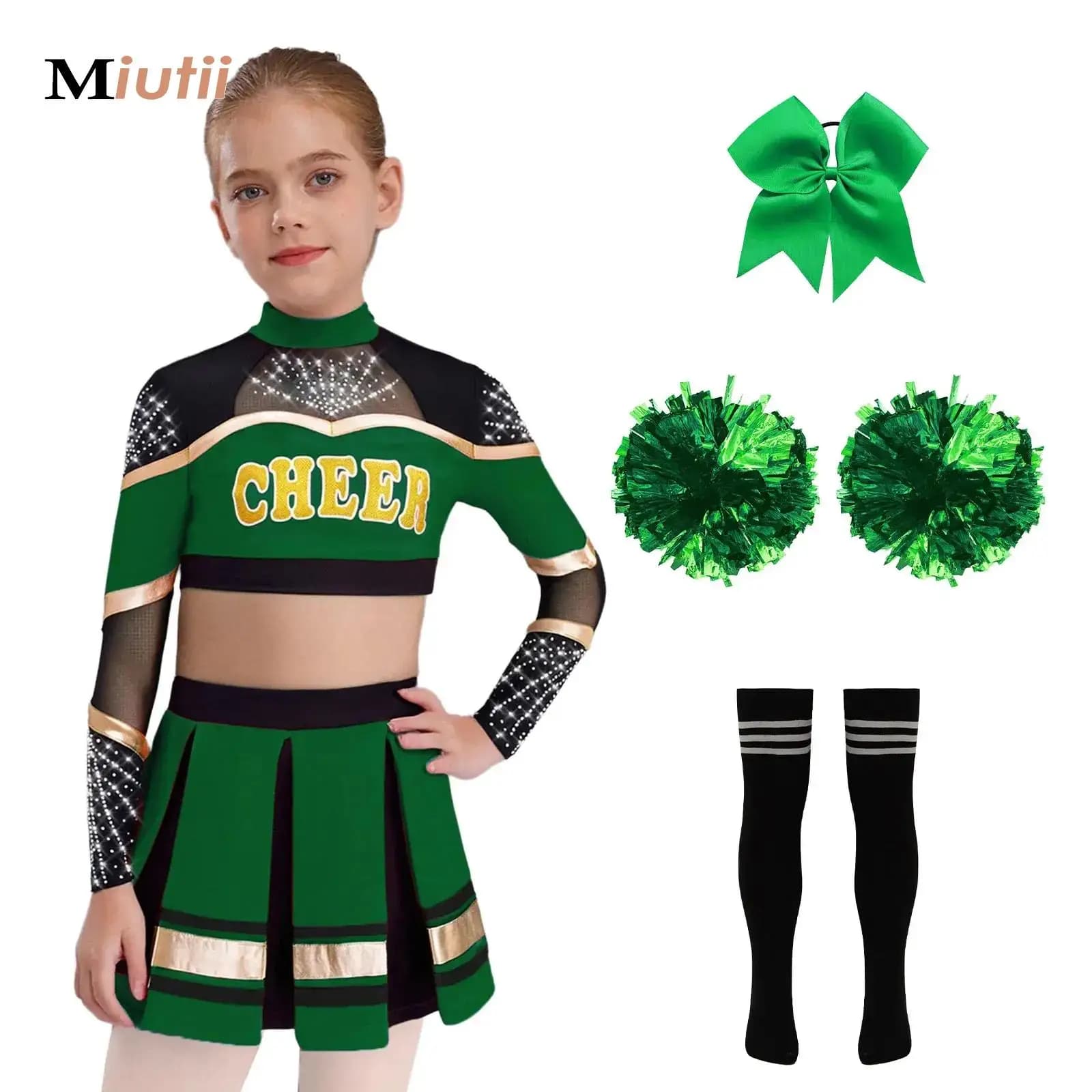 Costumi da Cheerleader per Ragazze, Uniformi da Cheerleading con Top Corto a Maniche Lunghe, Minigonna, Calzini e Pon Pon, Abito da Spettacolo per Danza