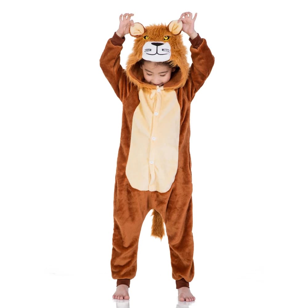 Kigurumi Ragazze Ragazzi Cartoon Sleepwear Bambini Bambini Cute Lion Onesies Pigiama di flanella animale per la festa di Natale di Halloween