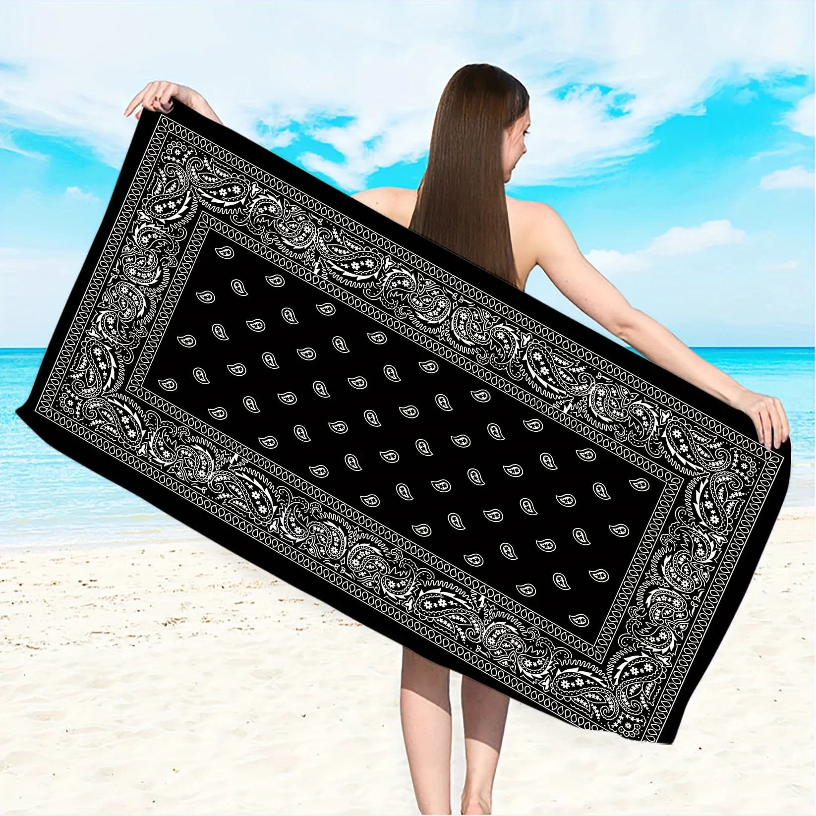 Telo Mare Paisley Bianco e Nero Vintage Boho, Grande Coperta da Piscina Anti-Sabbia, Leggero e ad Asciugatura Rapida, Asciugamano da Viaggio per l'Estate