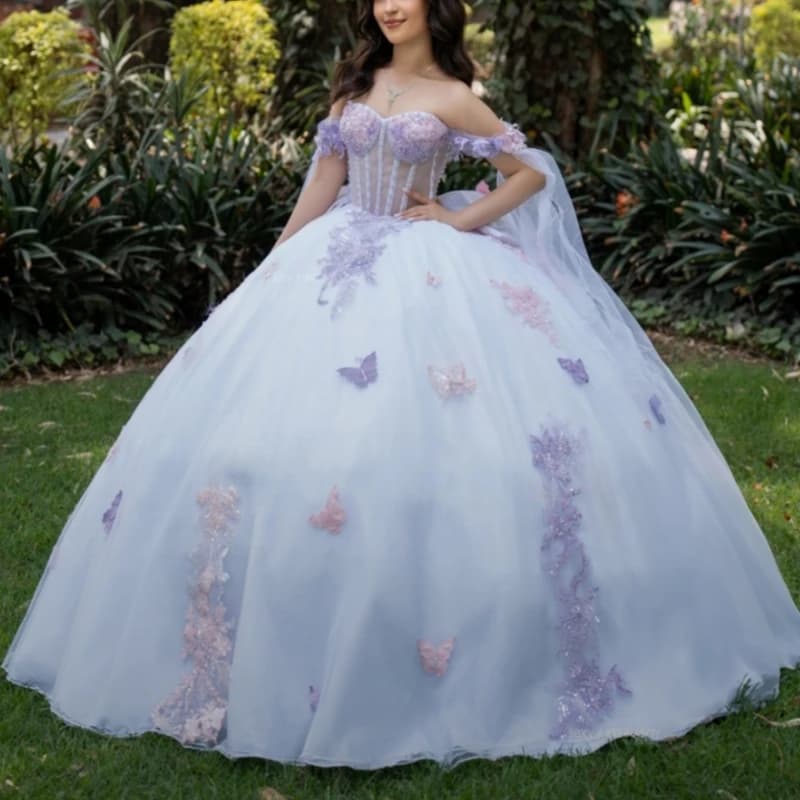 Abiti stile Quinceanera azzurro cielo con spalle scoperte Applique fiocco che borda cristallo tull festa di compleanno dolce 16 abiti abiti 15 De