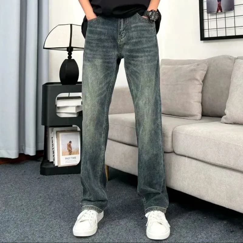 Men Vintage Washed Faded Straight Leg Mid Rise Loose Denim Jeans With Pockets