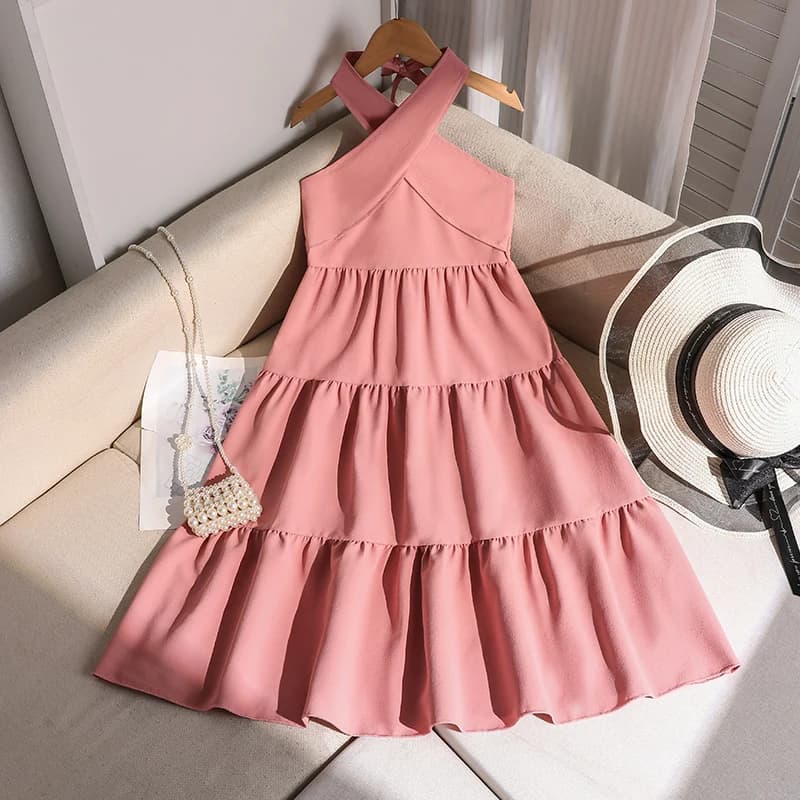 Abito casual rosa per ragazze 8-12 anni, dettaglio incrociato sul collo anteriore e gonna a balze a strati, outfit quotidiano per bambini