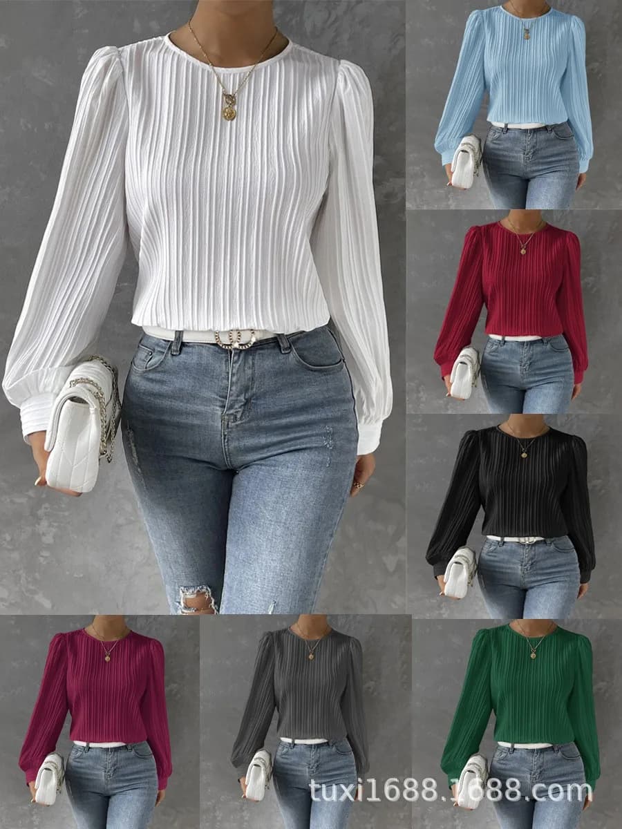 Camicetta da donna a maniche lunghe tinta unita bianca, camicetta in chiffon azzurro con maniche a palloncino plissettate, top bordeaux slim fit corto