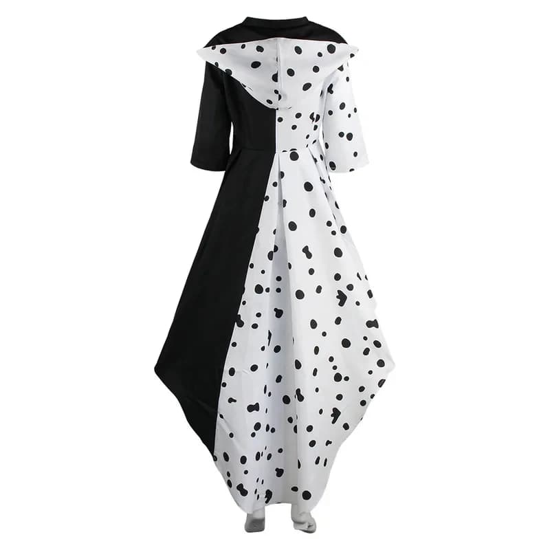 A'4\b/Cruella Cosplay Costume Women Black And White Spot Dress With Gloves Evil Madame De Vil Gown Halloween Carnival 5,j'8.k/4\