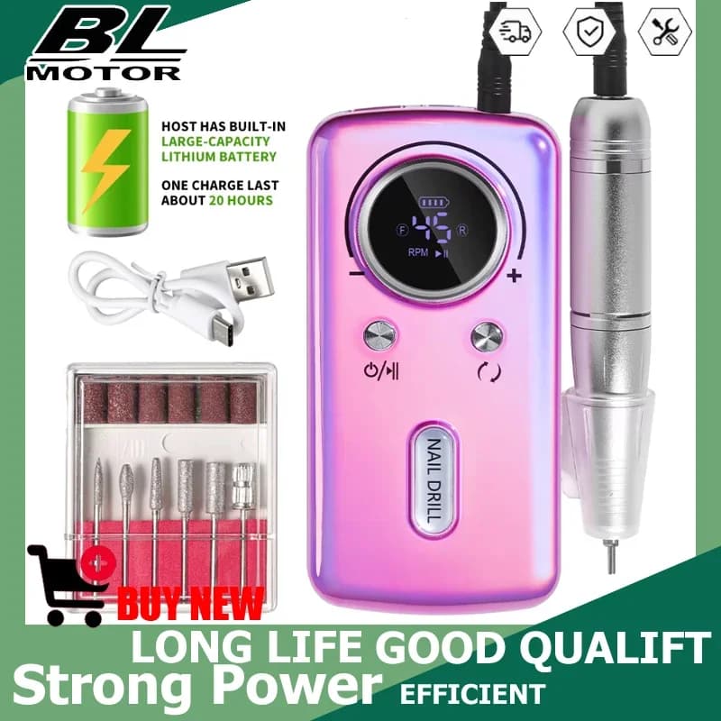 Trapano per unghie ricaricabile da 45000 giri/min, lima per unghie portatile, levigatrice per unghie in gel, per lucidatura unghie, per manicure domestica e professionale.