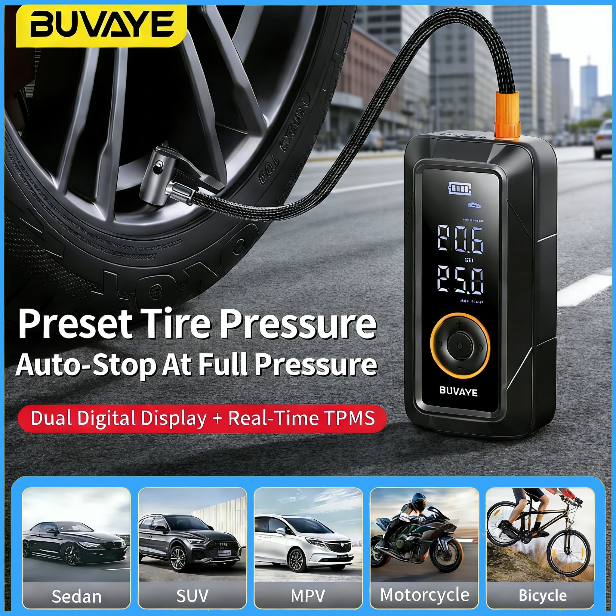 Compressore d'Aria Portatile BUVAYE 150PSI con Display Digitale, Gonfiatore per Pneumatici Auto, Biciclette, Palloni e Moto con Luce
