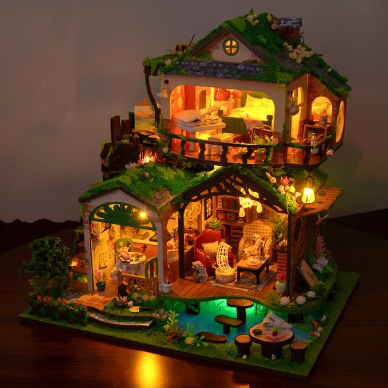 Fai da te in legno foresta fiaba casa figurine miniature assemblate grande villa per amici regali di compleanno decorazione della casa artigianato