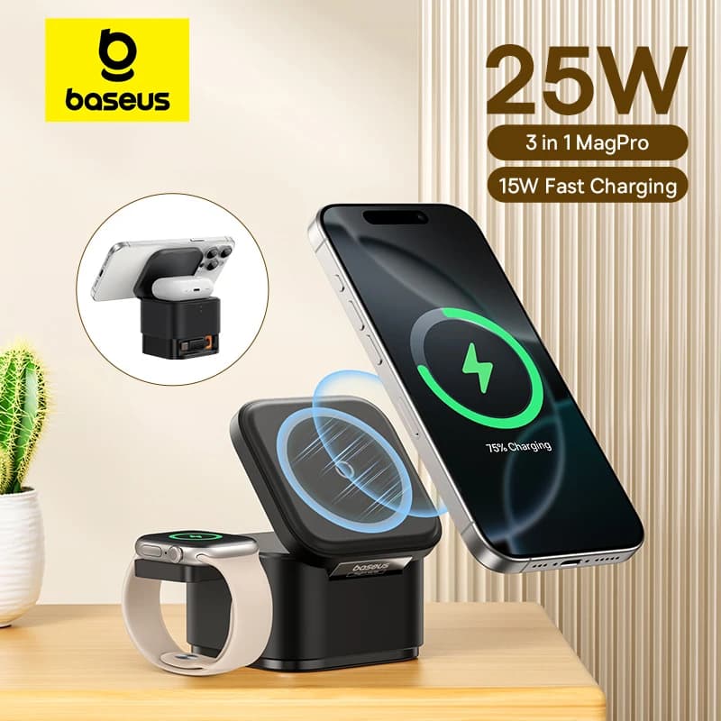 Baseus 3 in 1 Supporto per caricabatterie wireless magnetico 15W Ricarica wireless veloce Stazione dock da tavolo da 25W per iPhone16 15 14 13 Airpod