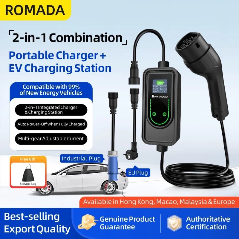 32A 7.2KW Portable EV Charger Type2 Type1 /TS-NACS Electric Vehicle Charger GB/T EVSE Charging Cable Wi-Fi Bluetooth APP Control
