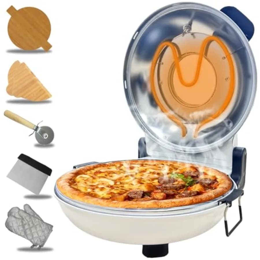 Pizza Oven Indoor 12 Inch Retro Pizza Maker Rapid Heating 800˚F 1200W Glazed Ceramic Stone Electric Pizza Cooker Two-button Pre
