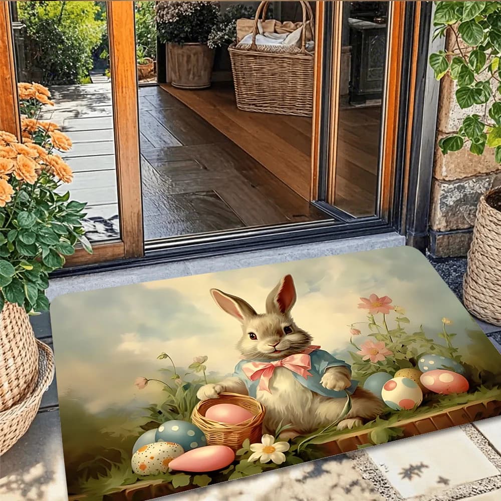 Zerbino di Benvenuto Pasquale VIKAMA con Coniglio e Uova, Tappetino Antiscivolo per Interni ed Esterni, Decorazione Festiva per la Casa