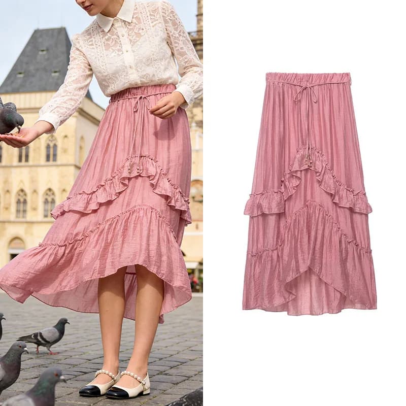 Women's Pink Ruffle Tiered Maxi Skirt Elastic High Waist Drawstring Asymmetric Hem Boho Skirt