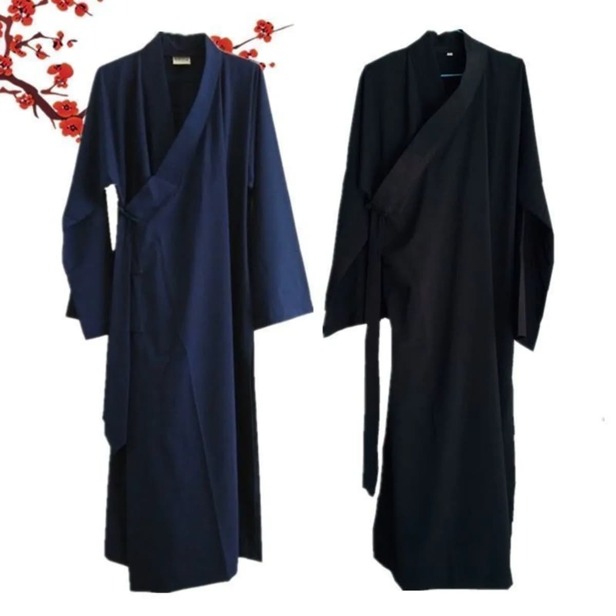Abito taoista Set Abbigliamento da pratica Abito lungo Tai Chi San Qing Blu navy Forniture taoiste Rituale Abiti da monaco Buddista